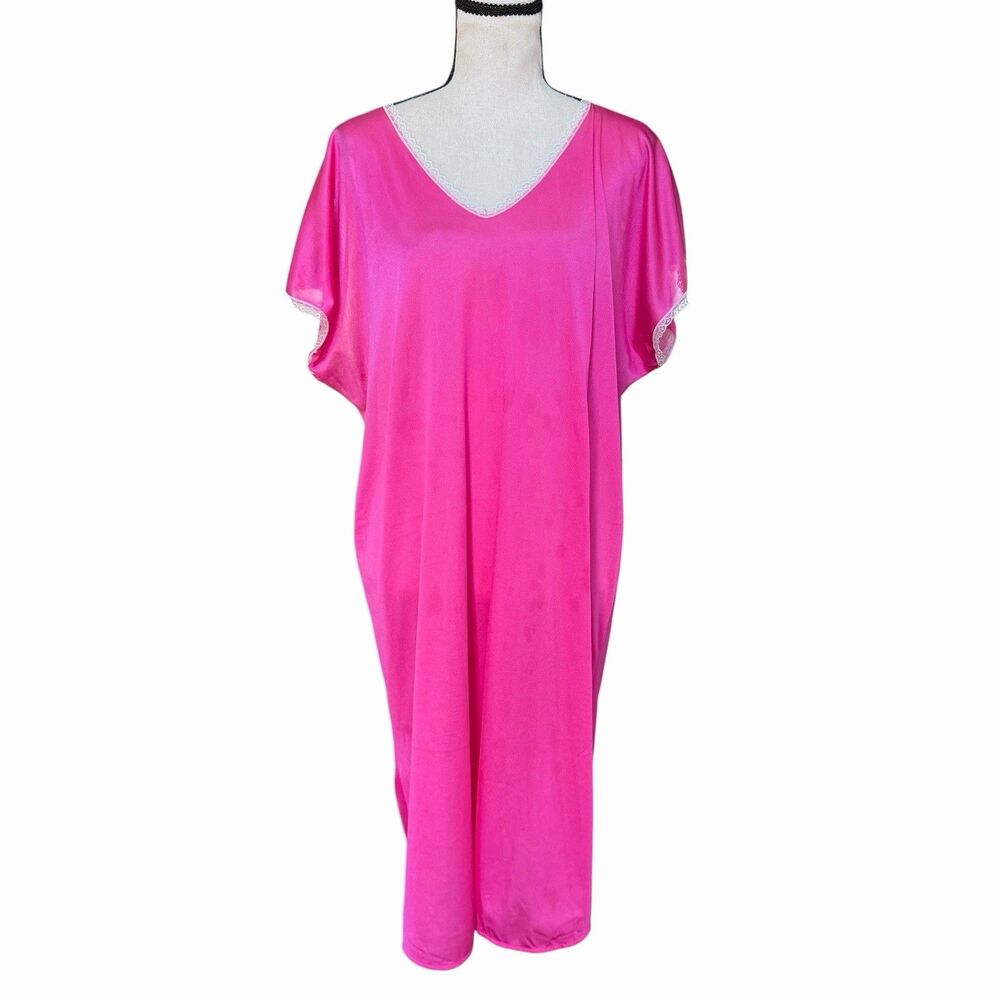 VTG 90s Anthony Richards Pink Nylon House Dress Caftan Nightgown Lace Trim 1X